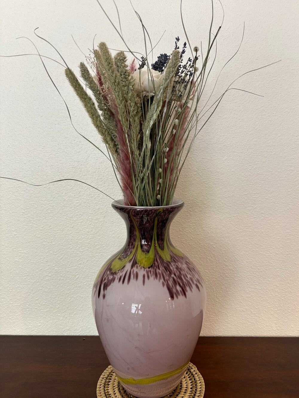Murano Art Glass Decorative Vase 14in Abstract Pink Purple Yellow